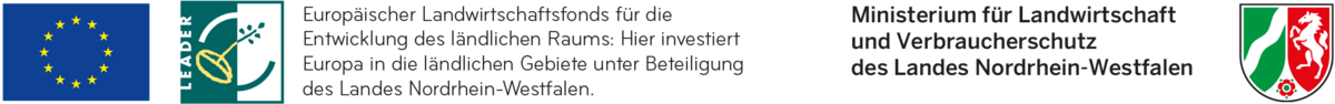 Logo LEADER - Europäischer Landwirtschaftsfonds für die Entwicklung des ländlichen Raums: Hier investiert Europa in die ländlichen Gebiete. Unter Beteiligung des Landes Nordrhein-Westfalen.